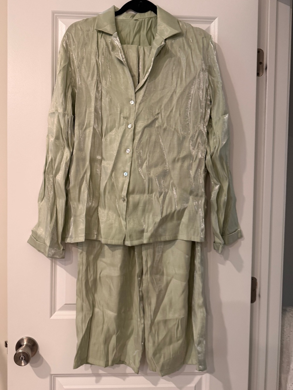 NWT Light Pistachio Green Two-Piece Satin Suit